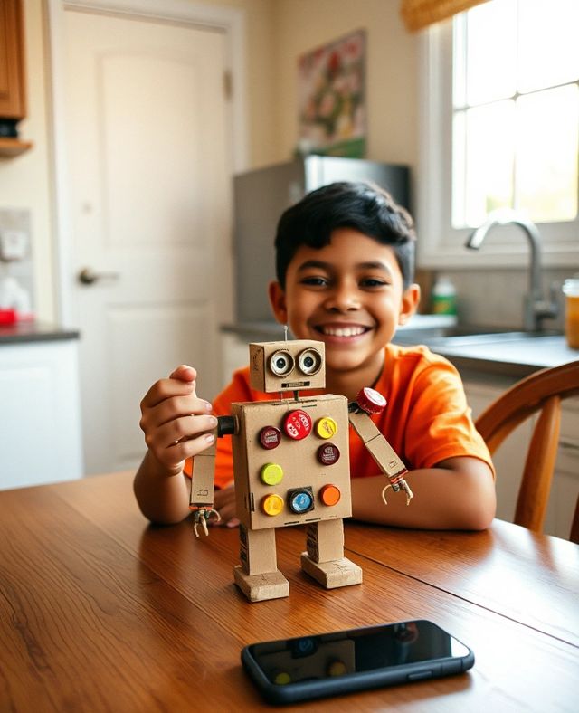 Niño con su robot de cartón